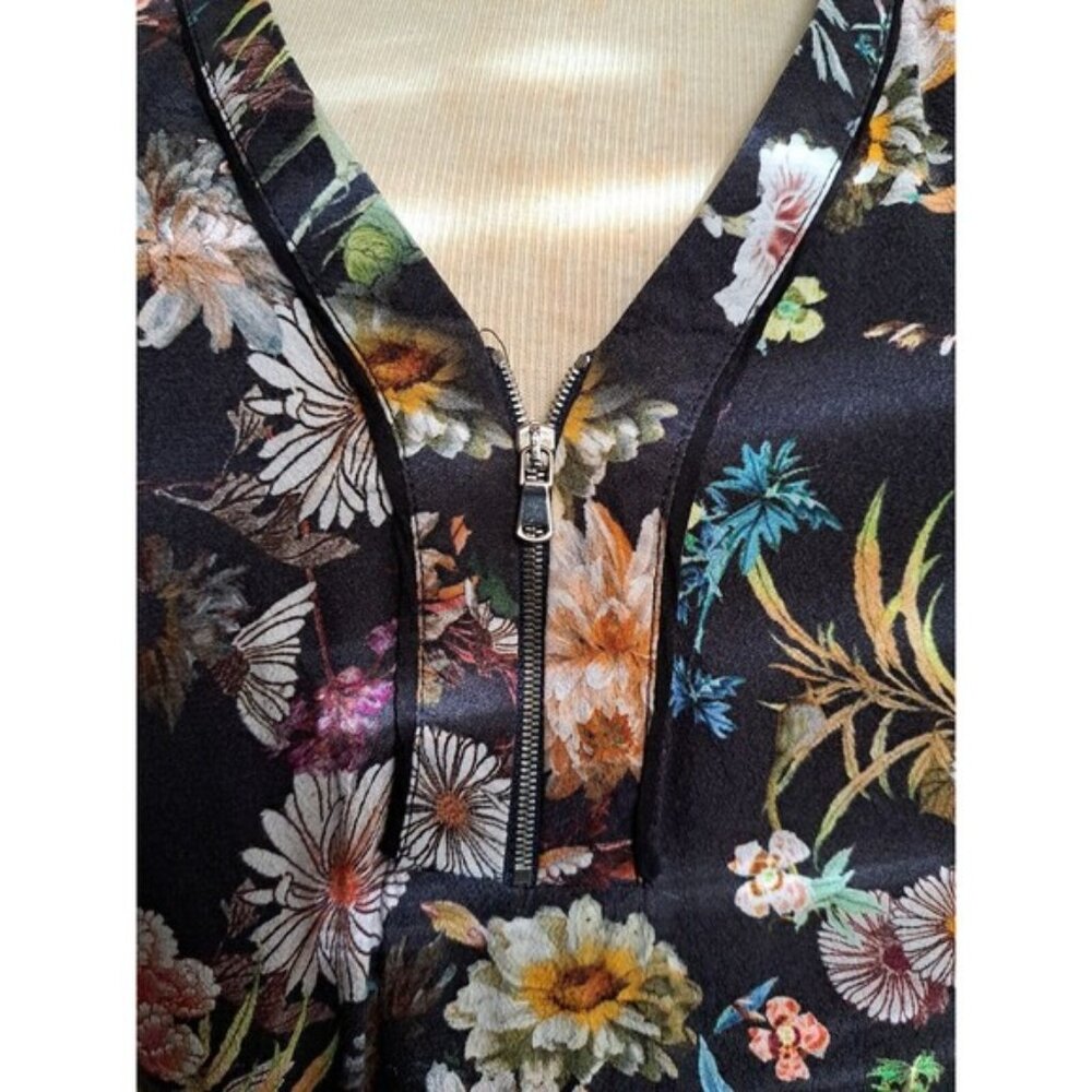 Zara Womens Blouse Top Size M Long Sleeve Hi Lo Zip V Neck Floral Tunic